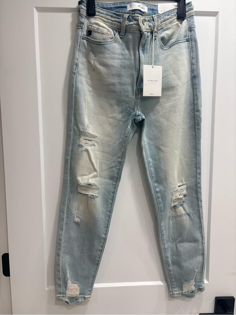 KanCan Boyfriend Jeans in Washed Light Blue with Distressing